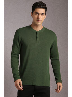 Louis Philippe - Men Green Textured Henley Neck T-Shirt