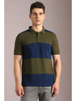 Louis Philippe - Men Olive Stripe Polo Neck T-Shirt