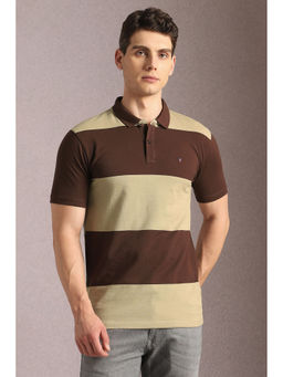 Louis Philippe - Men Beige Stripe Polo Neck T-Shirt