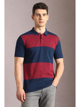 Louis Philippe - Men Navy Stripe Polo Neck T-Shirt