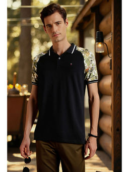 Louis Philippe - Men Black Print Polo Neck T-Shirt