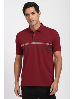 Peter England - Men Maroon Stripe Polo Neck T-Shirt