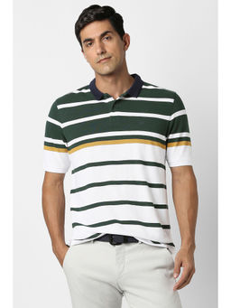 Peter England - Men White Stripe Polo Neck T-Shirt