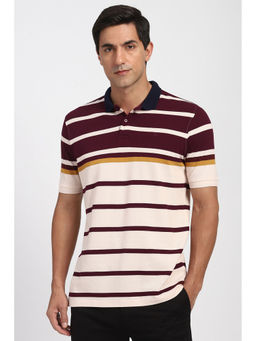 Peter England - Men Beige Stripe Polo Neck T-Shirt