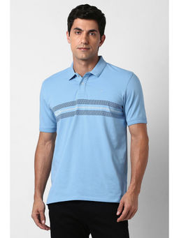 Peter England - Men Blue Stripe Polo Neck T-Shirt