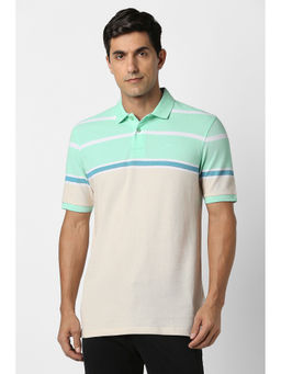 Peter England - Men Beige Stripe Polo Neck T-Shirt
