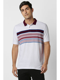 Peter England - Men White Stripe Polo Neck T-Shirt