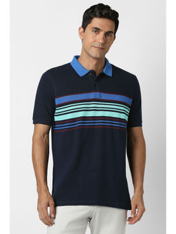 Peter England - Men Navy Stripe Polo Neck T-Shirt