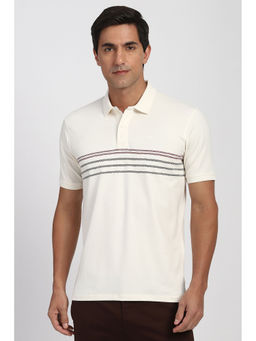 Peter England - Men Cream Stripe Polo Neck T-Shirt