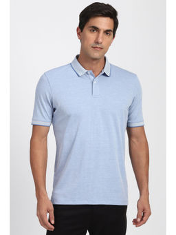 Peter England - Men Light Blue Textured Polo Neck T-Shirt