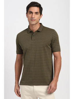 Peter England - Men Olive Stripe Polo Neck T-Shirt