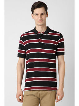 Peter England - Men Black Stripe Polo Neck T-Shirt