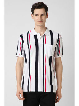 Peter England - Men White Stripe Polo Neck T-Shirt
