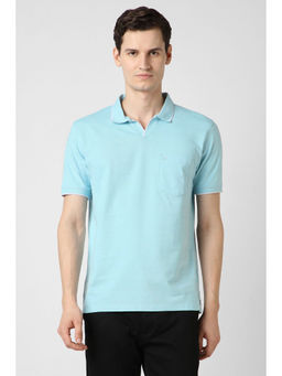 Peter England - Men Light Blue Textured Polo Neck T-Shirt
