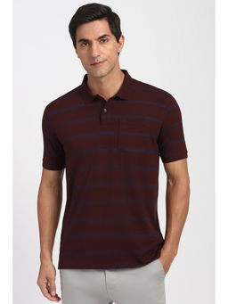 Peter England - Men Maroon Stripe Polo Neck T-Shirt