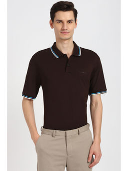 Peter England - Men Brown Textured Polo Neck T-Shirt