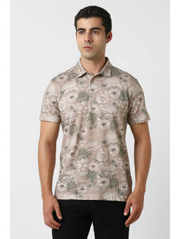 Van Heusen - Men Beige Print Polo Neck T-Shirt