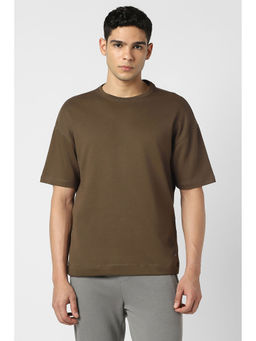 Van Heusen - Men Brown Textured Crew Neck T-Shirt