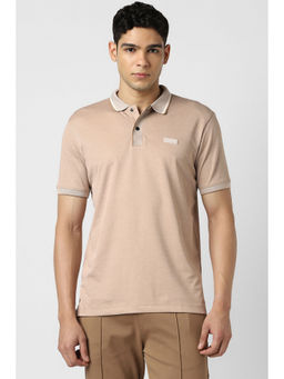 Van Heusen - Men Beige Textured Polo Neck T-Shirt