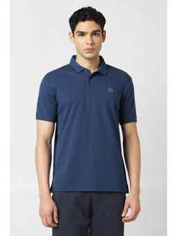 Van Heusen - Men Blue Textured Polo Neck T-Shirt