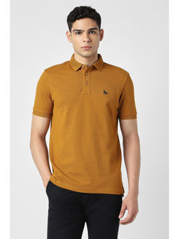 Van Heusen - Men Mustard Textured Polo Neck T-Shirt