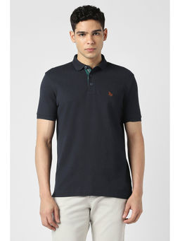 Van Heusen - Men Navy Blue Textured Polo Neck T-Shirt