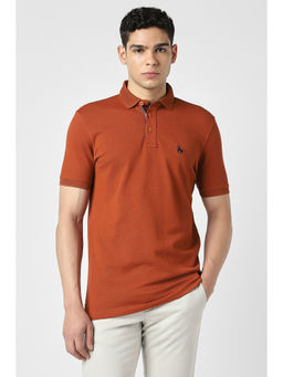 Van Heusen - Men Brown Textured Polo Neck T-Shirt