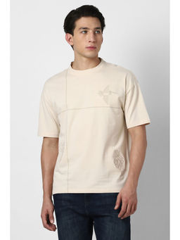 Van Heusen - Men Beige Embroidered Crew Neck T-Shirt