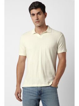 Van Heusen - Men Cream Textured Polo Neck T-Shirt