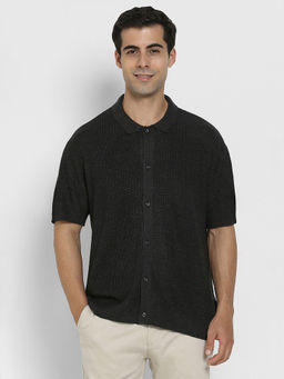 American Eagle - Men Grey Waffle Button-Up Shirt