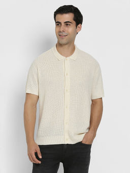 American Eagle - Men White Waffle Button-Up Shirt