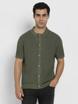 American Eagle - Men Green Waffle Button-Up Shirt