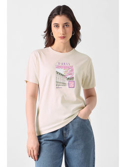 Van Heusen - Women Beige Graphic Print Casual Round Neck T-shirt
