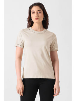 Van Heusen - Women Beige Embellished Casual Round Neck T-shirt