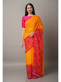 Unnati Silks - Orange Fancy Block Printed Georgette Saree with Unstitched Blouse