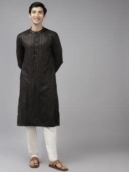 See Designs - Men Black & Beige Woven Design Thread Work Kurta with Pyjama (Set of 2)