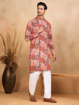 Kraft India - Red Mandarin Neck Printed Kurta