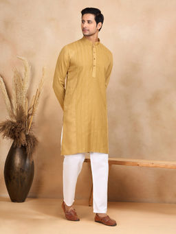 Kraft India - Mustard Mandarin Neck Embroidered Kurta