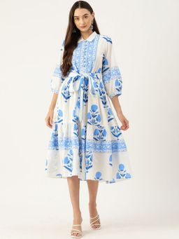 Jaipur Morni - White Mughal Print Tier Dress with Belt