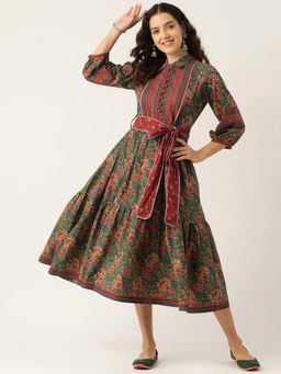Jaipur Morni - Green Printed Tier Cotton Dress with Belt