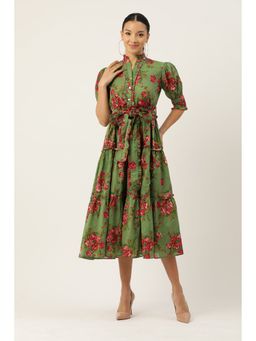 Jaipur Morni - Green Printed Tier Dress with Belt