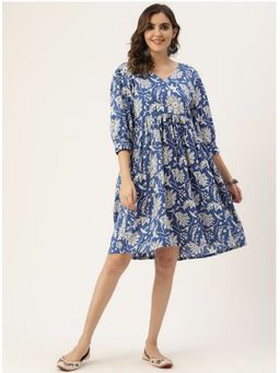 Jaipur Morni - Blue Printed Empire Rayon Ethnic Dress
