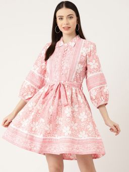 Jaipur Morni - Rose Printed Tier Cotton Dress with Belt
