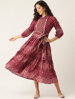 Jaipur Morni - Maroon Printed Tier Cotton Dress with Belt