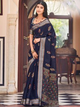Odette - Womens Navy Blue Chanderi Printed Saree with Unstitched Blouse