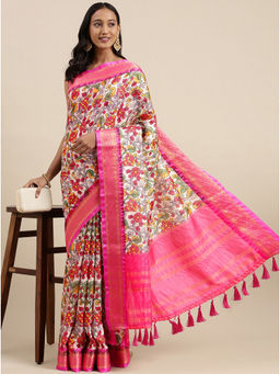 Yavira Silk - White & Pink Woven Border Printed Saree with Unstitched Blouse