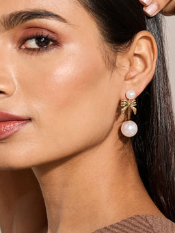 Pipa Bella by Nykaa Fashion - Gold and White Bow Shaped Pearl Beads Drop Earrings