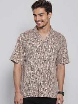 The Indian Garage Co - Men Slim Fit Printed Half Sleeves Cuban Collar Party Wear Shirt- Beige