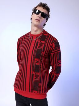 The Indian Garage Co - Men Regular Fit Striped Crew Neck Sweatshirt- Red