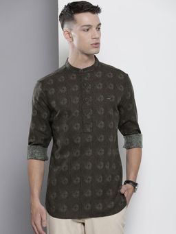 The Indian Garage Co - Men Regular Fit Full Sleeves Mandarin Collar Ethnic Shirt- Brown